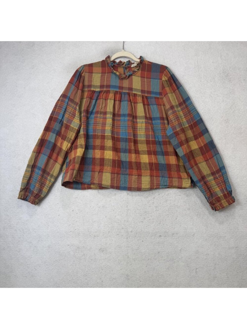 Basin + Range Blouse Womens XL Multicolor Plaid High Neck Ruffle Long Sleeve